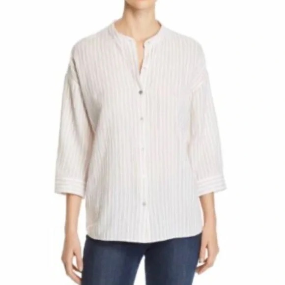 Eileen Fisher Tops - Eileen Fisher Mandarin Collar Stripe Organic Cotton striped button up , sz : XL